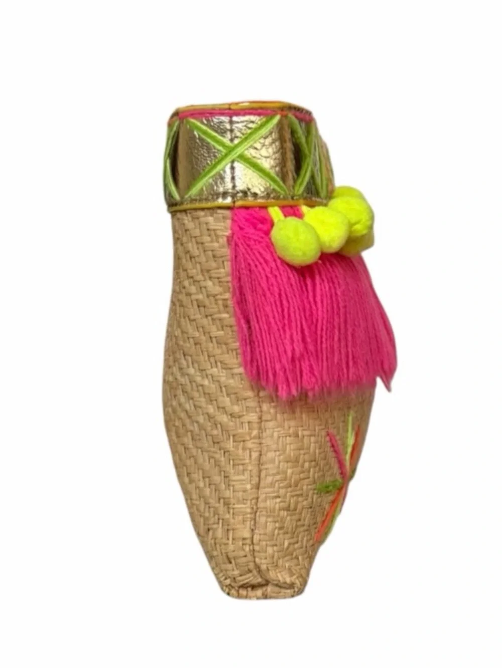 Lilly Pulitzer Baja Natural Woven Straw Fringe Pom Pom Clutch Bag